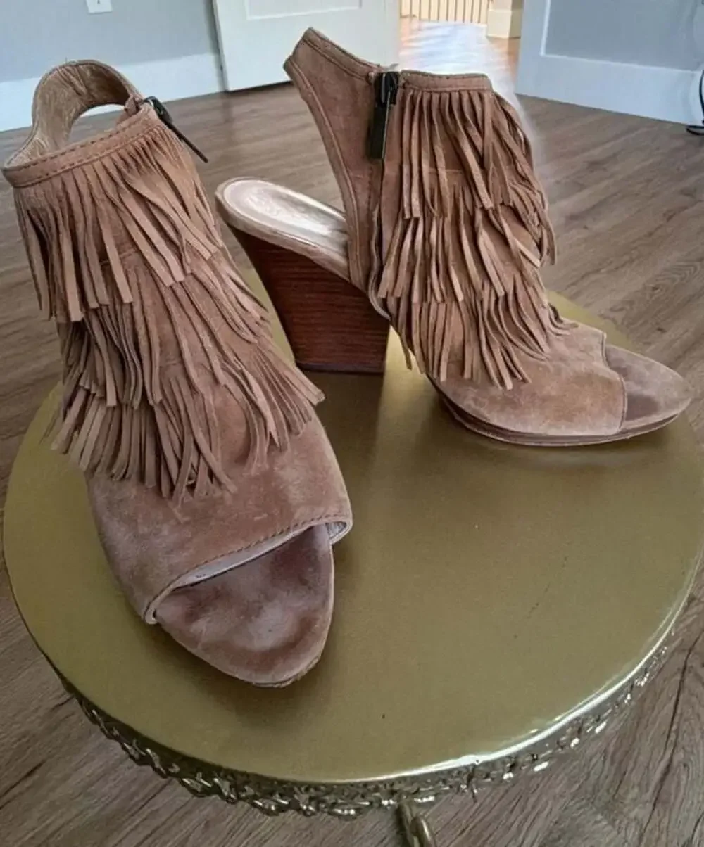 Vince Camuto Torey Chestnut Suede Fringe Open Toe Booties